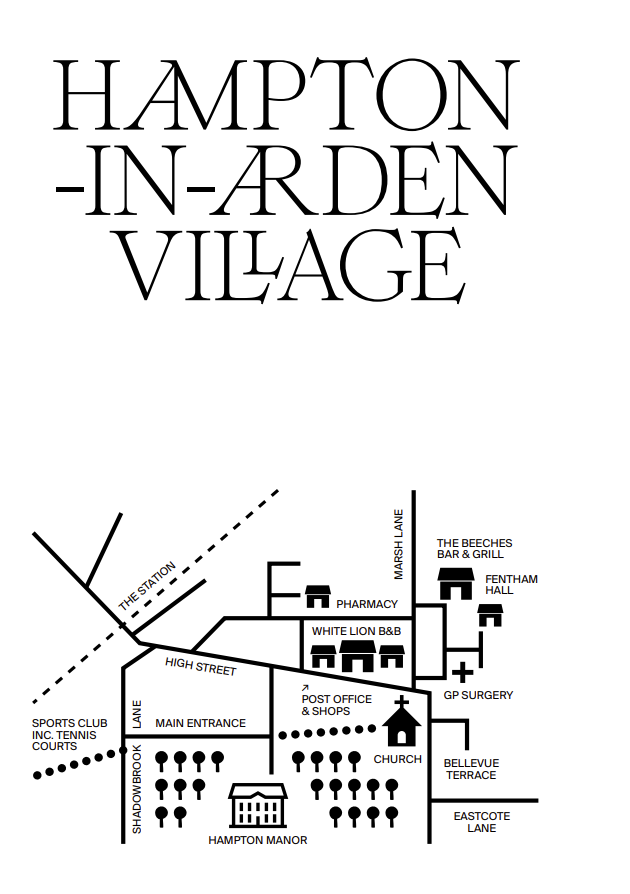 Map of Hampton-in-Arden village showing Hampton Manor, the station, White Lion B&B, the pharmacy, shops and surrounding lanes.