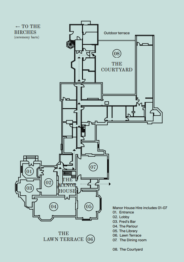 Floor plan of Hampton Manor: the Manor House rooms (Entrance, Lobby, Fred's Bar, The Parlour, The Library, Lawn Terrace, Dining Room), The Courtyard, and the way to The Birches ceremony barn.